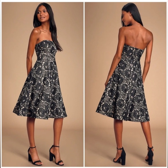 Lulus Dresses & Skirts - Lulu’s Black and tan Strapless Lace A-line MIDI Dress Size Small NWT